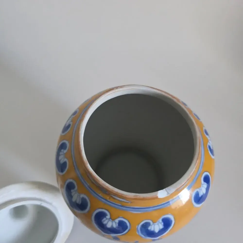 Blue Yellow Ginger Jar Canister with Lid Floral Heart Motif 7.5